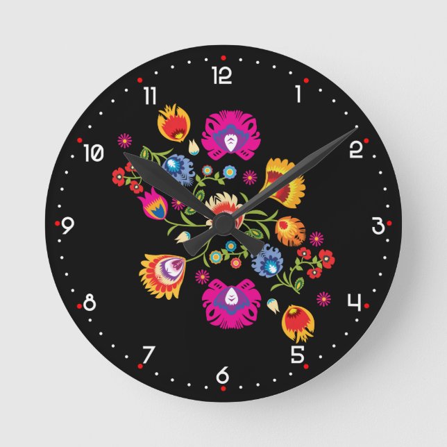 Polish folklore with pink flowers  round clock (Front)