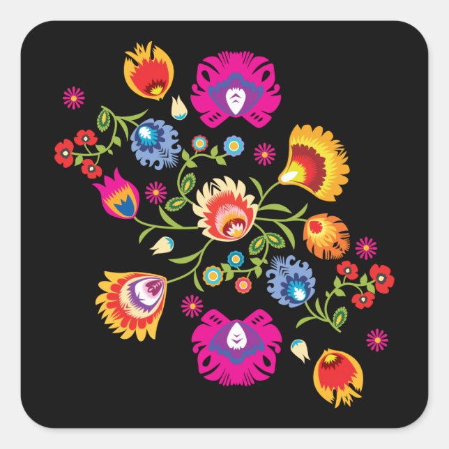 Polish folklore with pink flowers square sticker (Front)