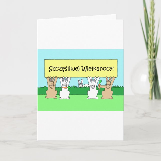 Polish Happy Easter Cartoon Bunnies Holiday Card (Front)