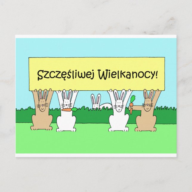 Polish Happy Easter, Cartoon Bunnies. Holiday Postcard (Front)
