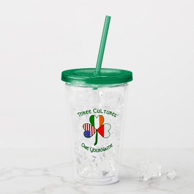 Polish Irish American Flags Shamrock Personalized  Acrylic Tumbler (Back Ice)