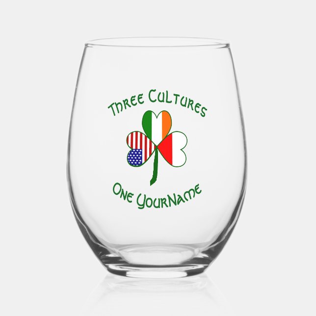 Polish Irish American Flags Shamrock Personalized  Stemless Wine Glass (Front)