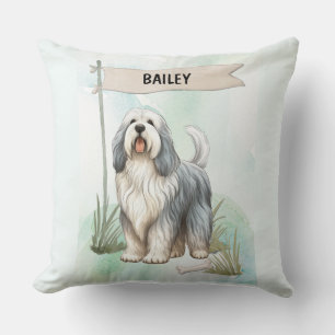 Polish Lowland Sheepdog Watercolor Personalize Dog Throw Pillow