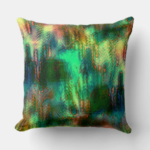 Polish stains and texture mix, burnt green yellow throw pillow