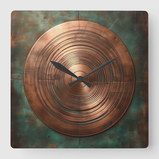 polished copper on weathered base square wall clock (Front)