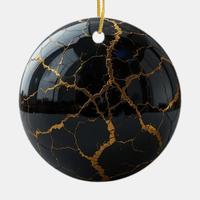 Polished Obsidian Sphere with Veins of Molten Gold Ceramic Ornament (Front)