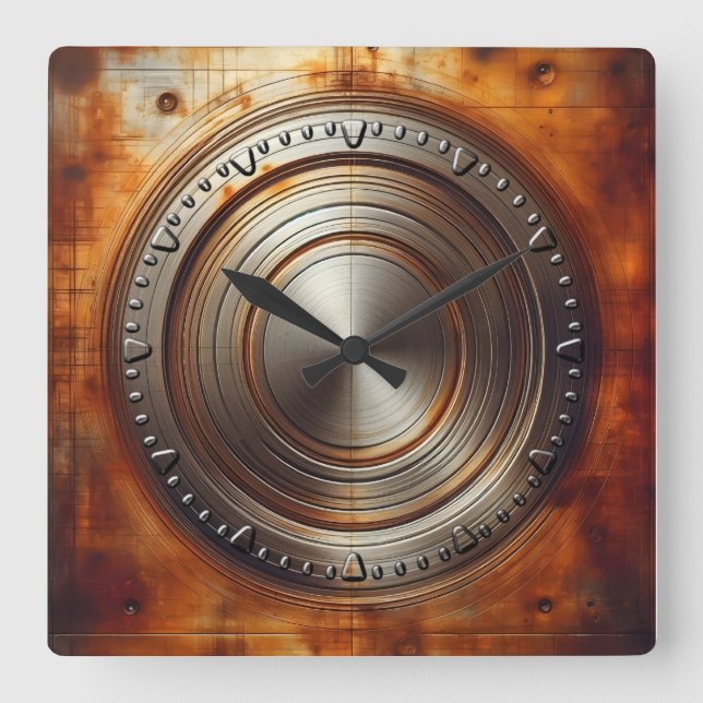 polished steel on rusted base square wall clock (Front)