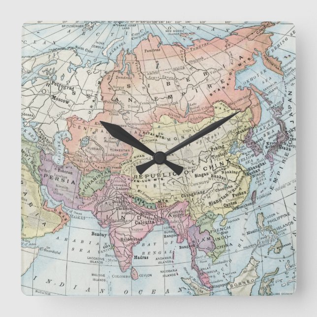 Political Map of Asia (1916) Square Wall Clock (Front)