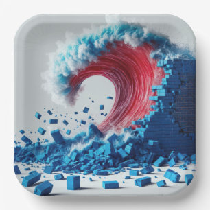 Political Red Wave Destroying a Blue Wall Paper Plate