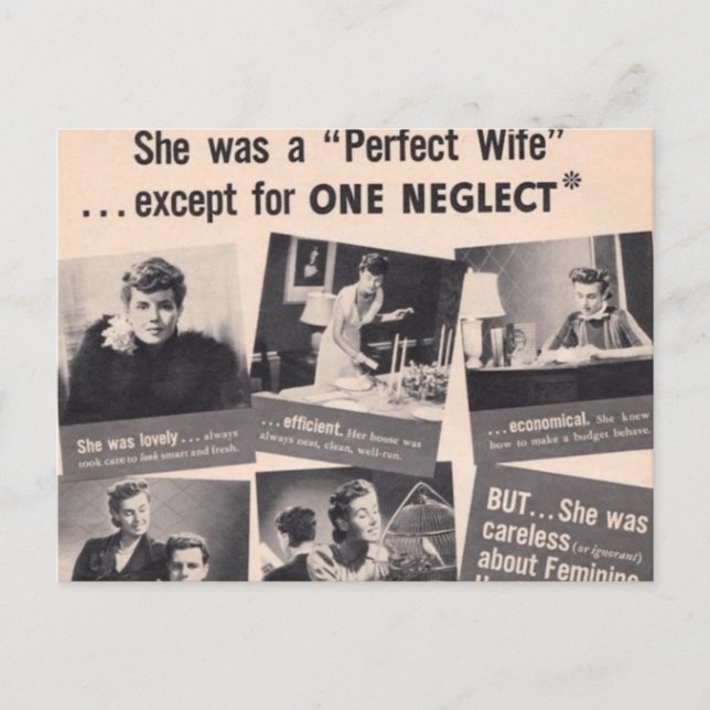 Politically Incorrect “Perfect Wife” Retro Ad Postcard (Front)