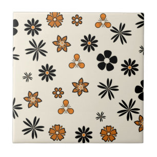 POLKA and DOTS, ORANGE AND BLACK FLOWERS Tile
