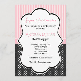 Polka Black White Pink Stripes Birthday Invite