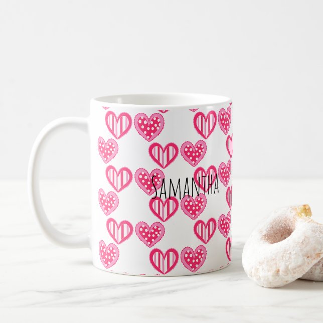 Polka Dot And Stripes Hearts Coffee Mug (With Donut)