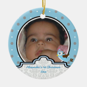 Polka dot baby boy first Christmas photo ornament