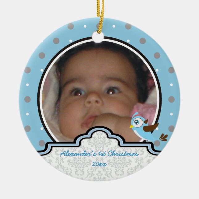 Polka dot baby boy first Christmas photo ornament (Front)