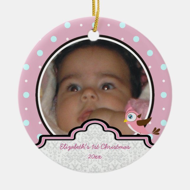 Polka dot baby girl first Christmas photo ornament (Front)
