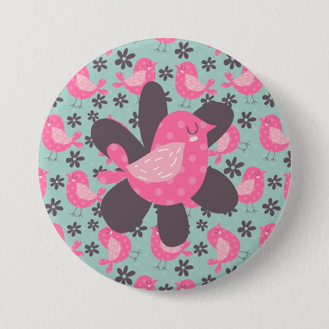 Polka Dot Birds and Flowers 3 Inch Round Button (Front)