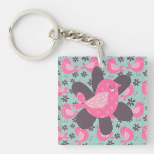 Polka Dot Birds and Flowers Keychain