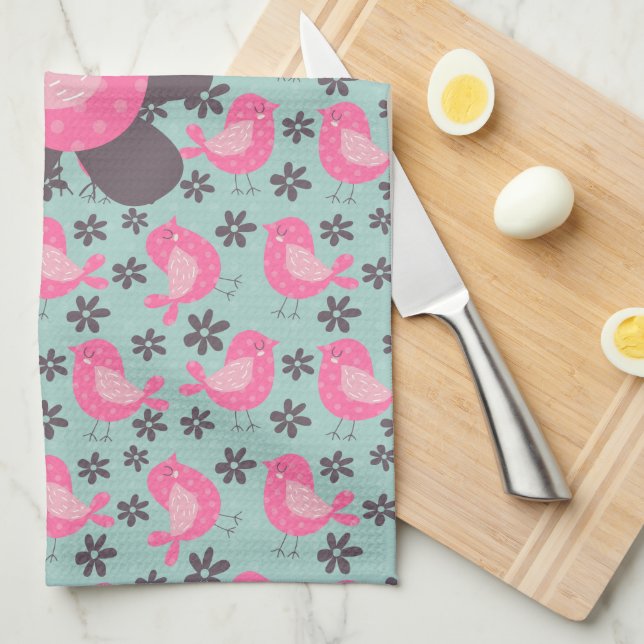 Polka Dot Birds and Flowers Kitchen Towel (Quarter Fold)