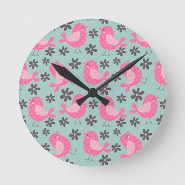 Polka Dot Birds and Flowers Round Clock (Front)
