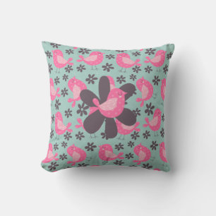 Polka Dot Birds and Flowers Throw Pillow