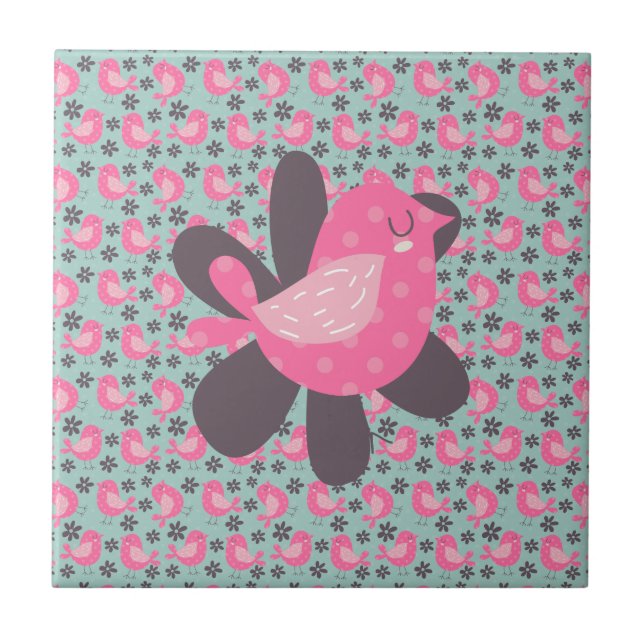 Polka Dot Birds and Flowers Tile (Front)