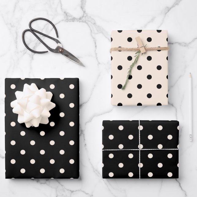 Polka Dot Black and Cream Patterns Wrapping Paper Sheet (Front)