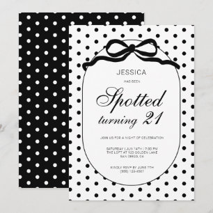 Polka Dot Black Bow Spotted Turning 21st Birthday Invitation