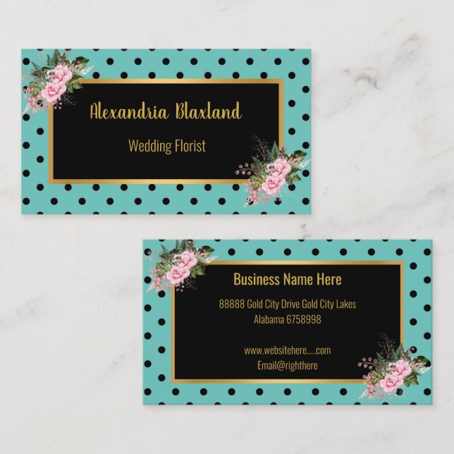 POLKA DOT BLACK GOLD AQUA FLORAL BUSINESS CARD (Front/Back)