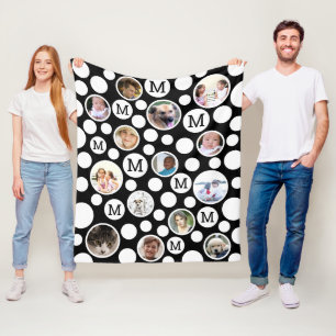 Polka Dot Black White Monogram 14 Photo Collage Fleece Blanket