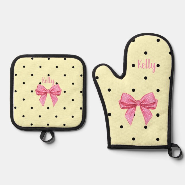 Polka Dot Black Yellow Pink Bow Personalized Oven Mitt & Pot Holder Set (Front)