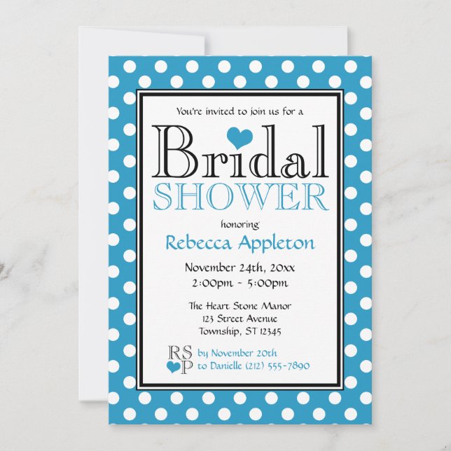 Polka Dot Blue Heart Bridal Shower Invitations (Front)