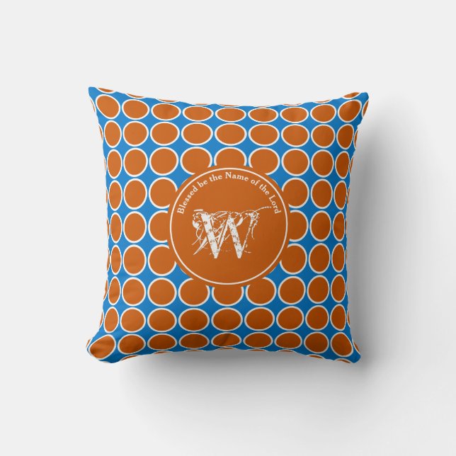 POLKA DOT Blue Orange Custom Monogram Scripture Throw Pillow (Front)