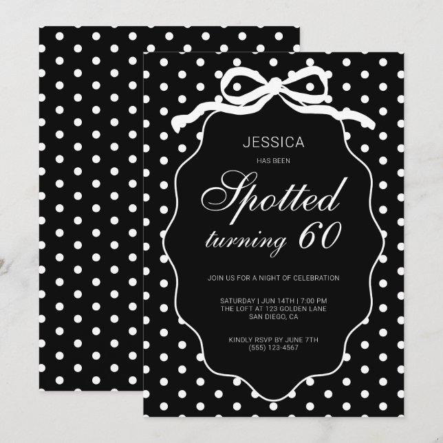 Polka Dot Bow Black Spotted Turning 60th Birthday Invitation (Front/Back)