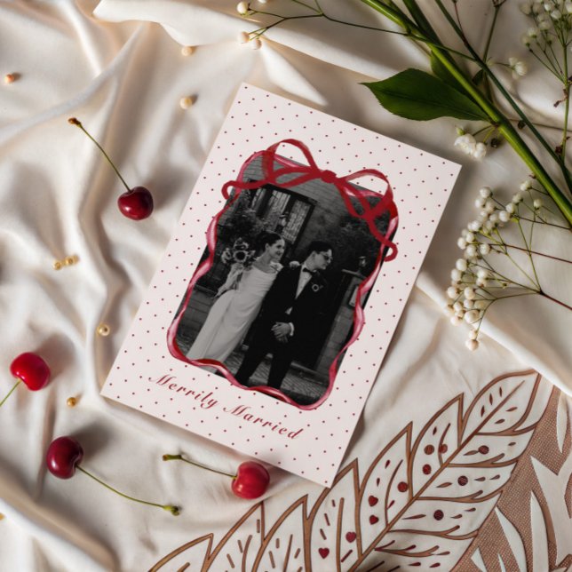 Polka Dot Bow Photo Merrily Married Couple Wedding Holiday Card (Creator Uploaded)
