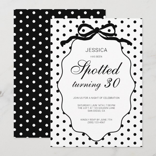 Polka Dot Bow Spotted Turning 30th Birthday Party Invitation (Front/Back)