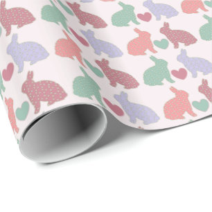 Polka Dot Bunnies and Hearts Pattern on Pink Wrapping Paper