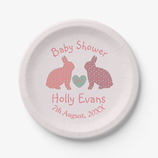 Polka Dot Bunnies Custom Baby Shower Paper Plate (Front)