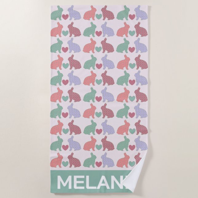 Polka Dot Bunnies Pattern on Pink Personalised Beach Towel (Front)