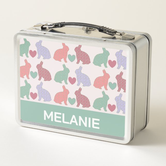 Polka Dot Bunnies Pattern on Pink Personalised Metal Lunch Box (Back)