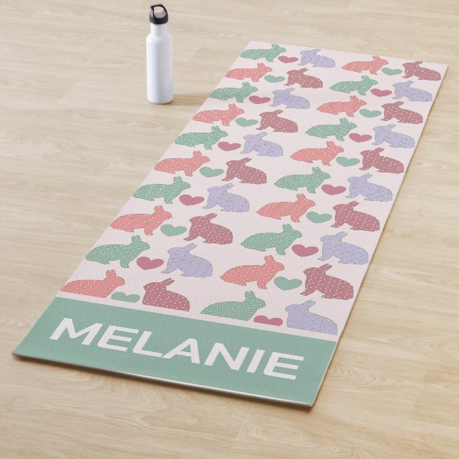 Polka Dot Bunnies Pattern on Pink Personalised Yoga Mat (In Situ)
