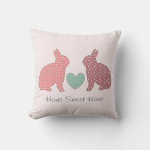 Polka Dot Bunnies Pink Home Sweet Home Throw Pillow