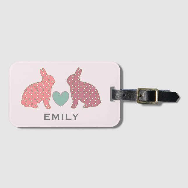 Polka Dot Bunnies Pink Personalised Luggage Tag (Front Horizontal)