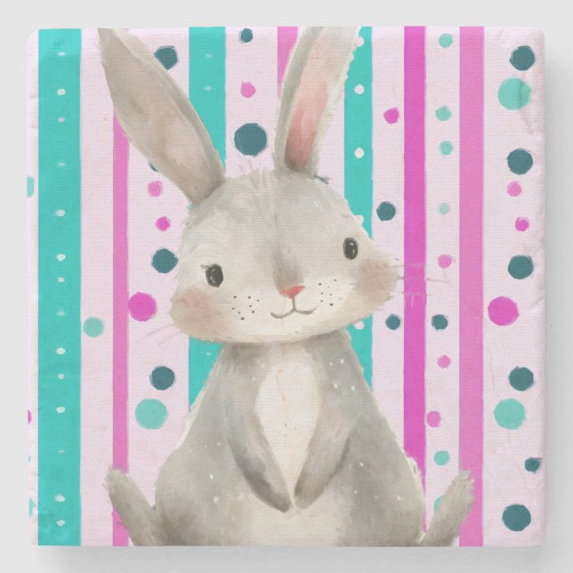 Polka Dot Bunny Delight Stone Coaster (Front)