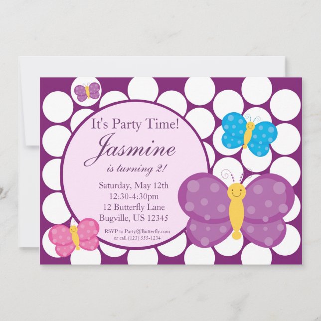 Polka dot Butterfly Birthday Party Invitation (Front)