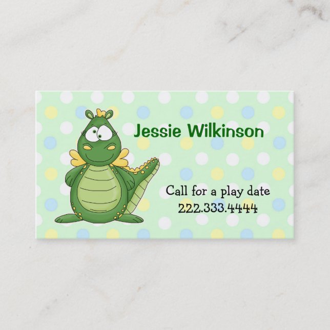 Polka Dot & Cartoon Dragon Playdate Card (Front)