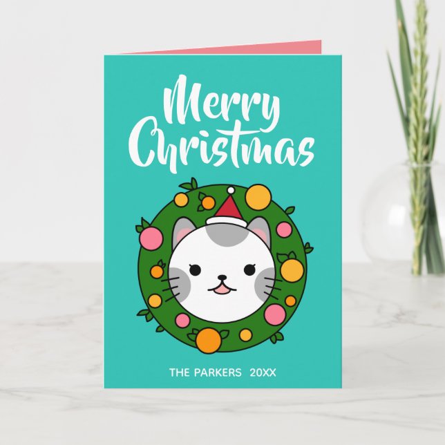 Polka Dot Cat Wreath Turquoise | Christmas Photo Holiday Card (Front)