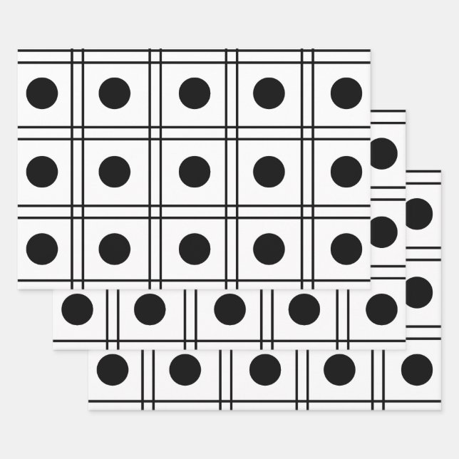 Polka Dot Circle Black and White Check Pattern Wrapping Paper Sheet (Set)