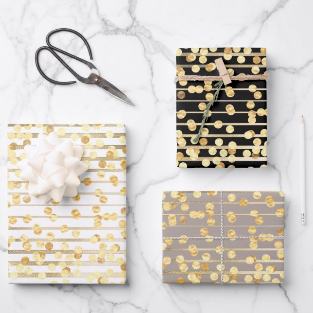 Polka dot confetti black white dusky grey pattern wrapping paper sheet (Front)