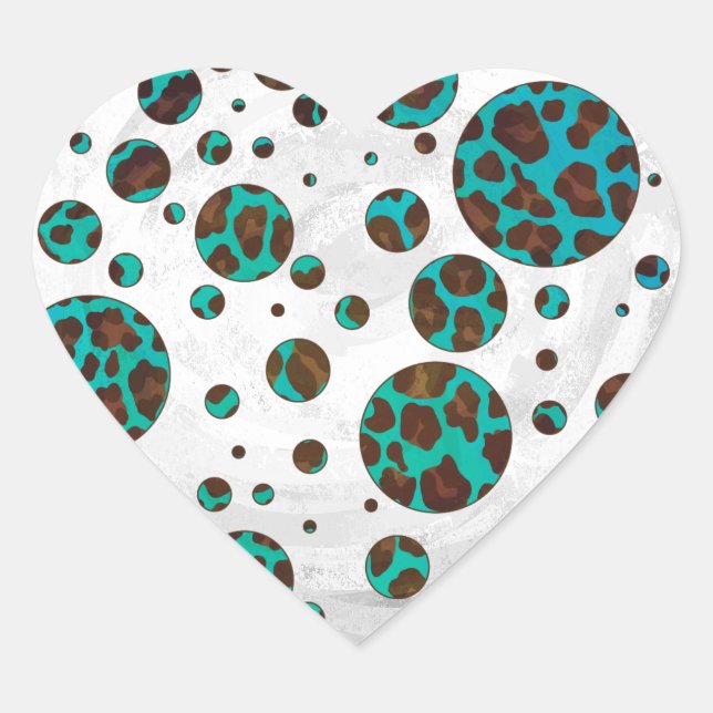 Polka Dot Cow Brown and Teal Print Heart Sticker (Front)